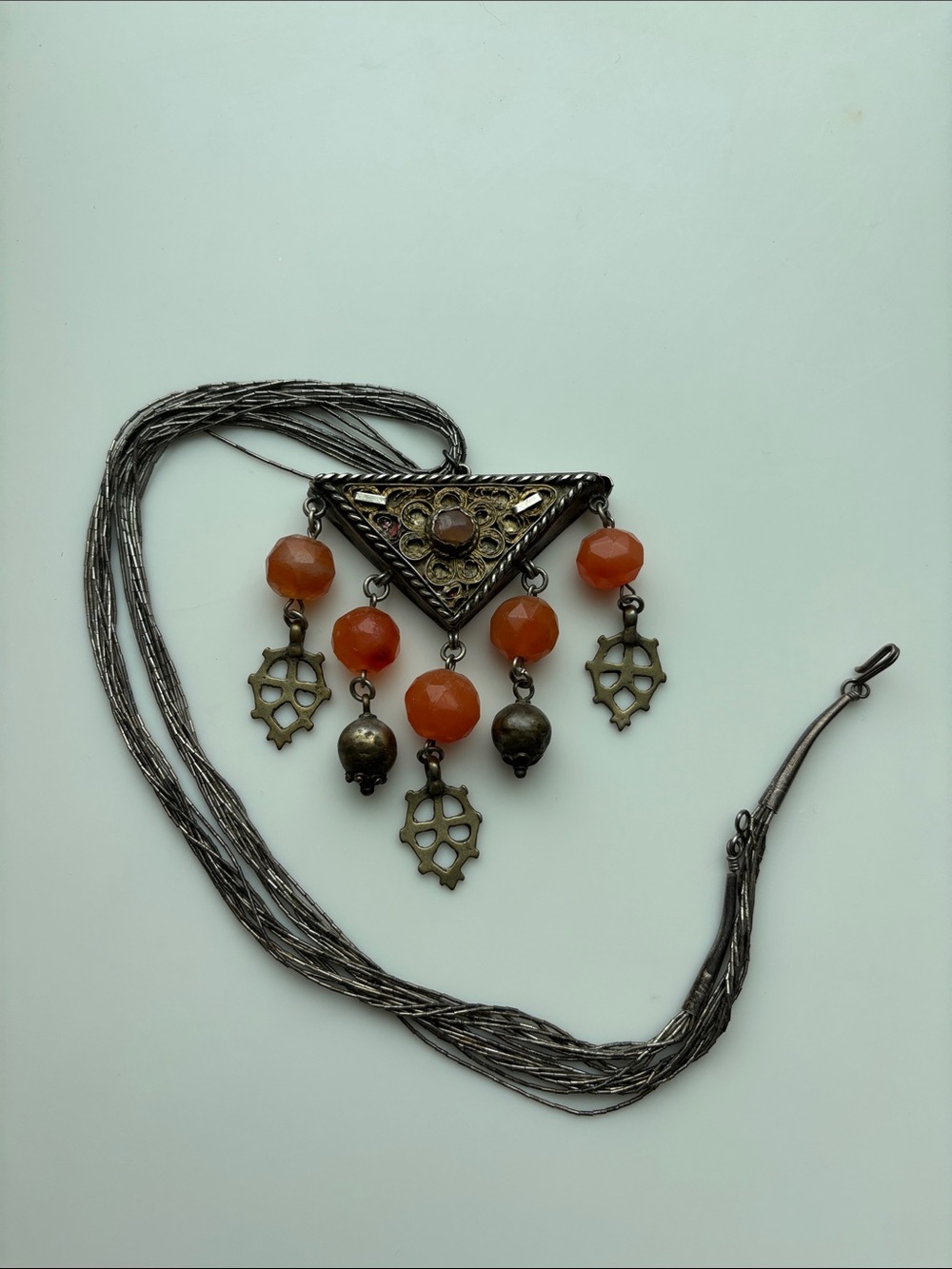 Antique Middle Eastern Handcrafted Triangle Pendant Necklace Carnelian Beads